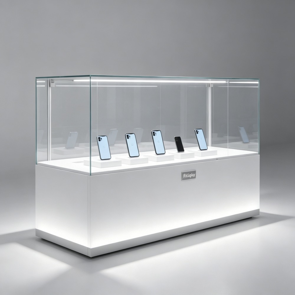 360 Degree Glass Counter Display Cabinet with LED Lights for Mobile Phones front three-quarter view