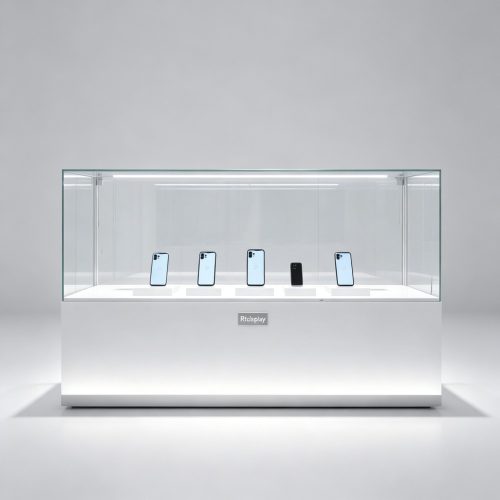 360 Degree Glass Counter Display Cabinet with LED Lights for Mobile Phones front view