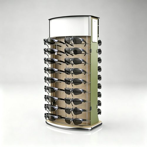 Curved Wood Countertop Eyewear Rack with Matcha Green Side Panel and Chrome Base front three-quarter view
