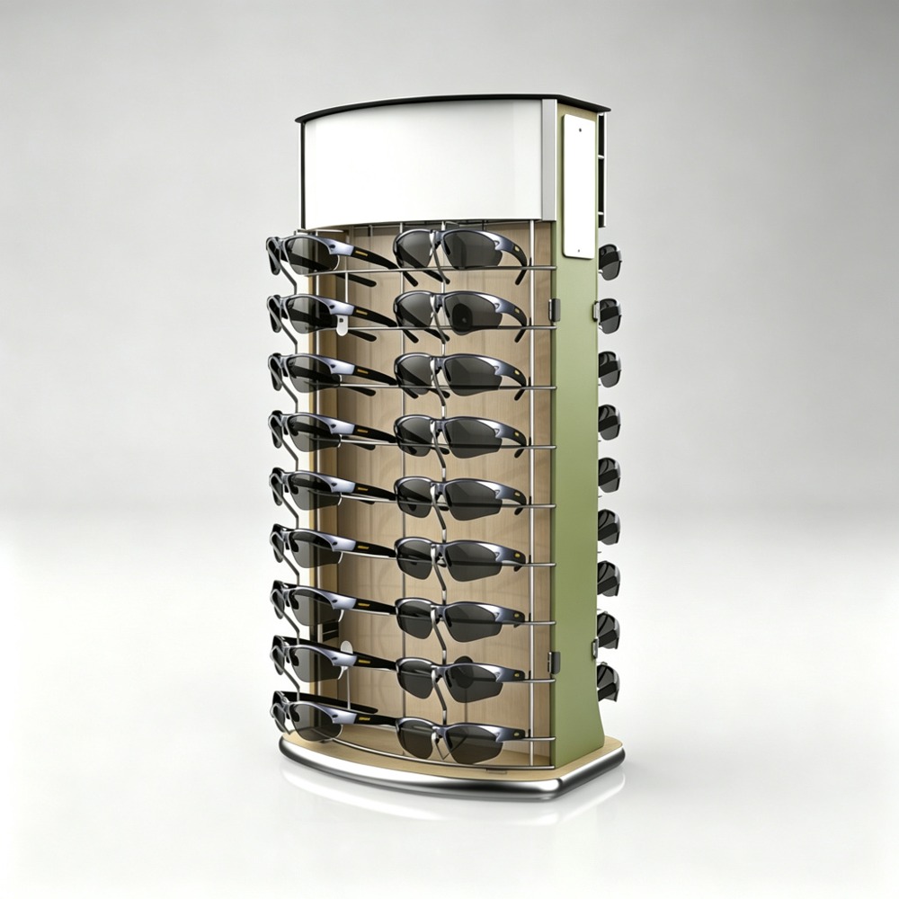 Curved Wood Countertop Eyewear Rack with Matcha Green Side Panel and Chrome Base front three-quarter view