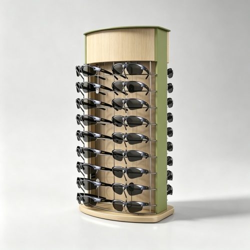Curved Wood Countertop Eyewear Rack with Matcha Green Side Panel and Chrome Base side view