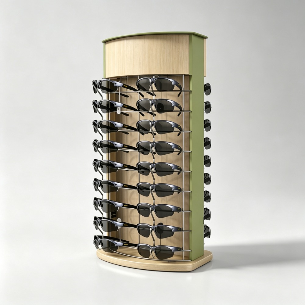 Curved Wood Countertop Eyewear Rack with Matcha Green Side Panel and Chrome Base side view