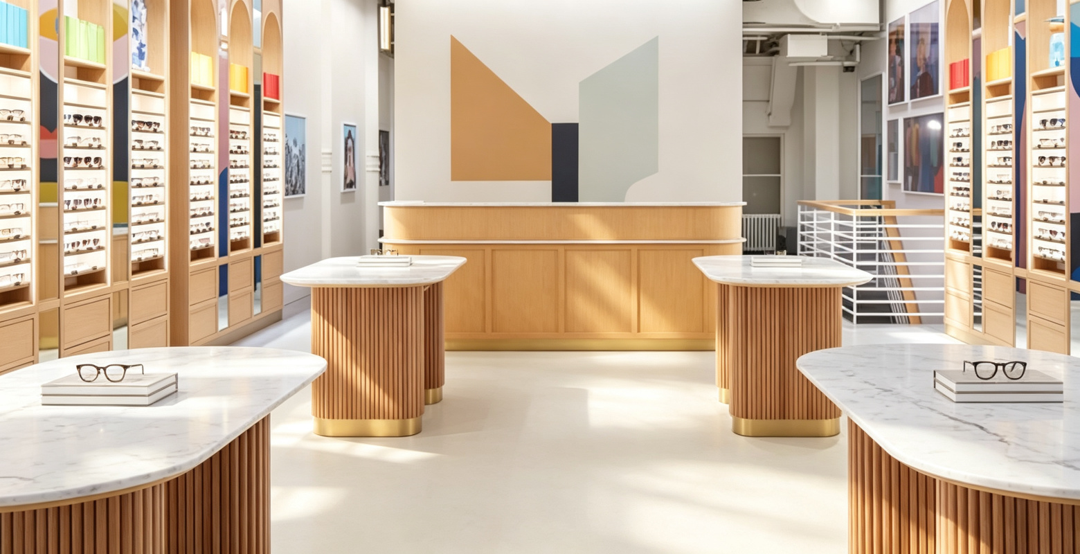 Custom fluted-wood sunglasses display stands with tall wall cabinets