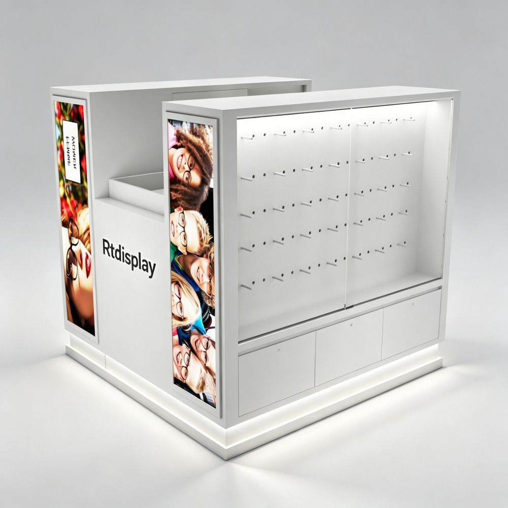 Custom White Eyewear Mall Kiosk with LED Display Rods and Lockable Storage front three-quarter view