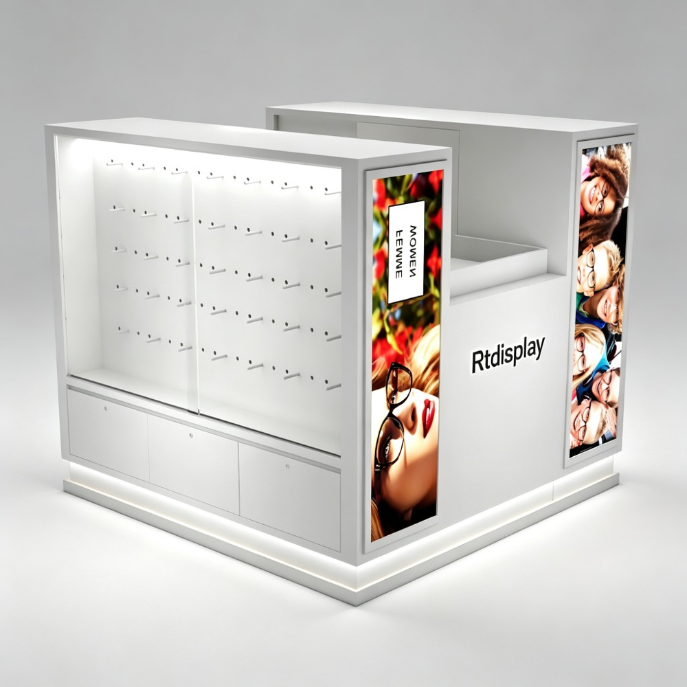 Custom White Eyewear Mall Kiosk with LED Display Rods and Lockable Storage left three-quarter view