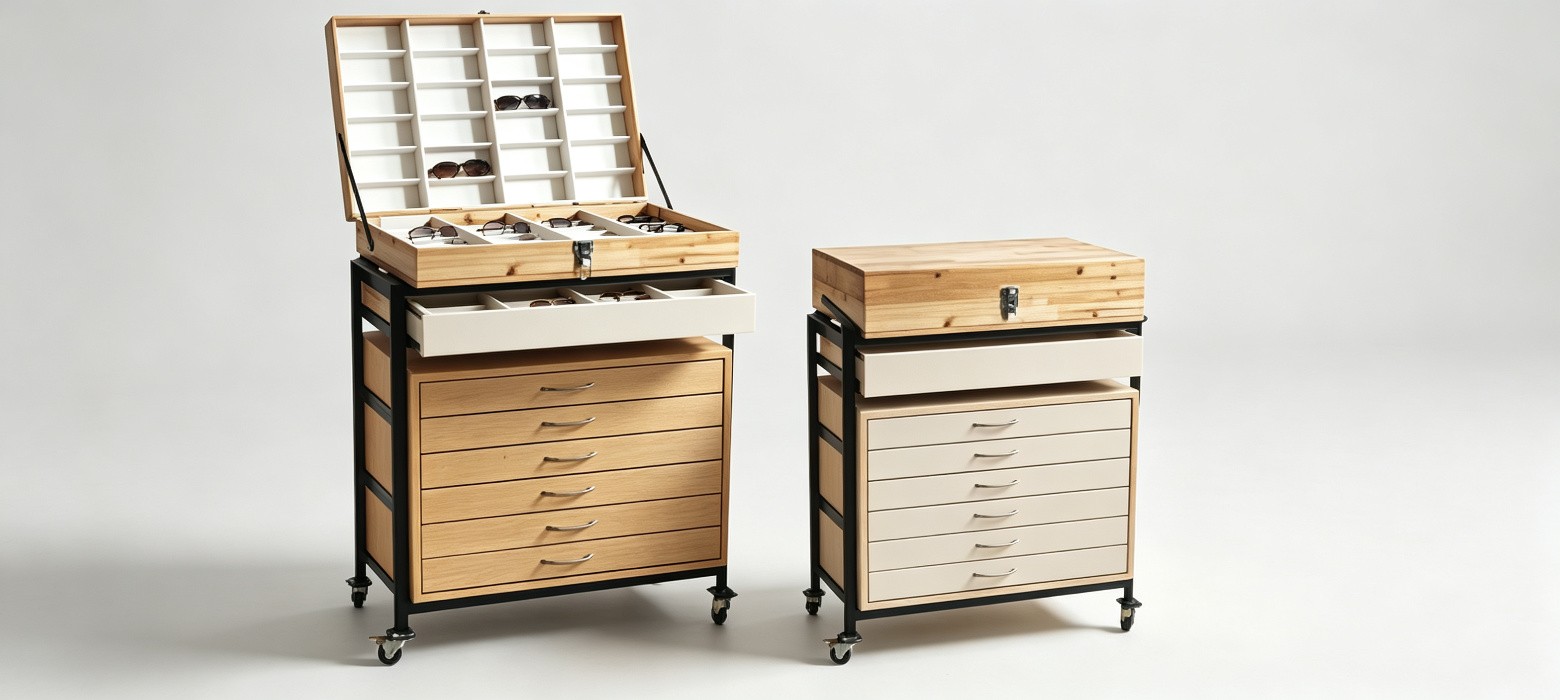 Custom wood mobile eyewear storage cabinets with lift lid trays