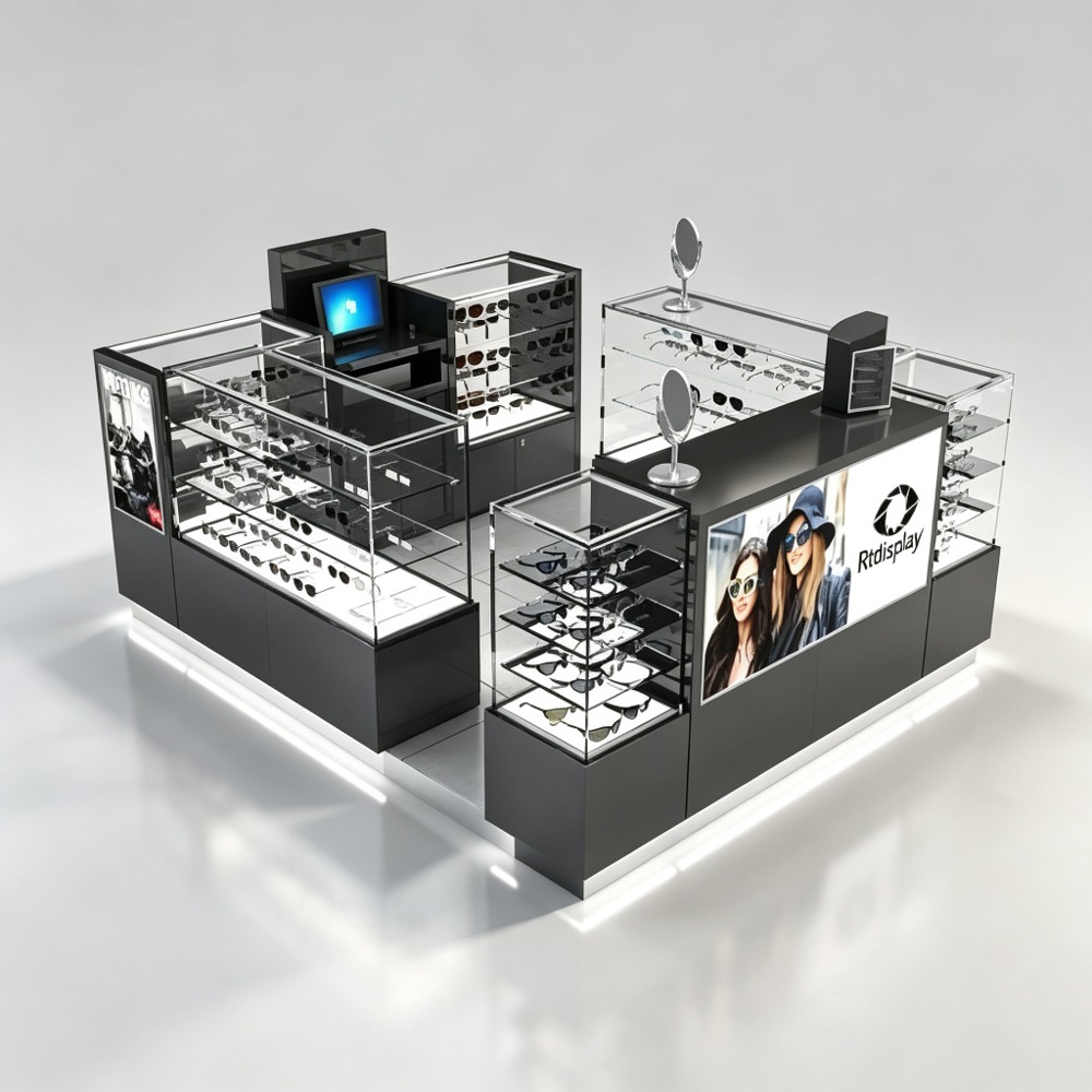 Dark Gray Tempered Glass Sunglasses Kiosk with Lightbox and Mirrors - 10x12ft rear three-quarter view