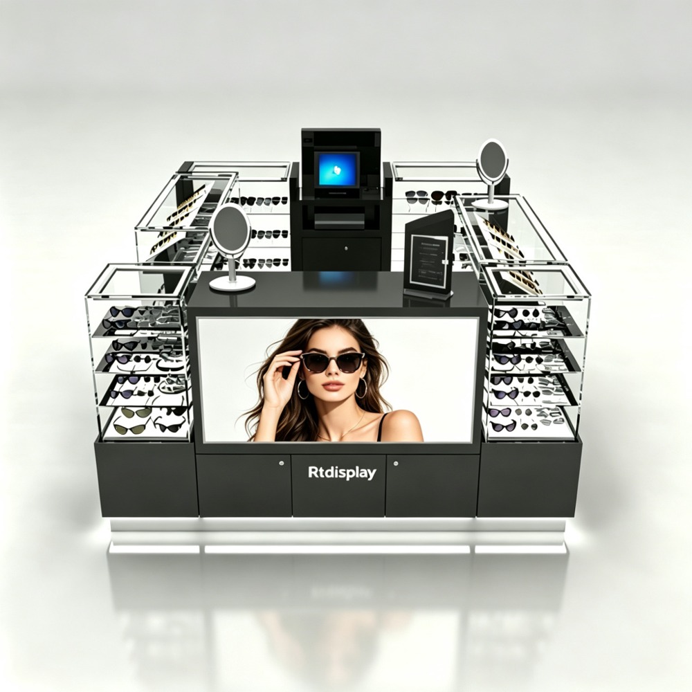 Dark Gray Tempered Glass Sunglasses Kiosk with Lightbox and Mirrors - 10x12ft front view