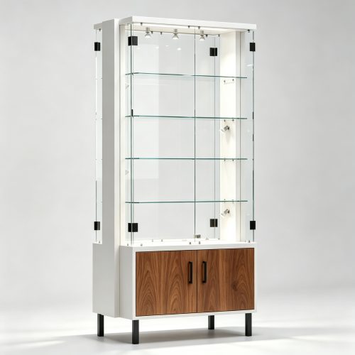 Double-sided white and walnut wood etagere showcase for optical sunglasses shop