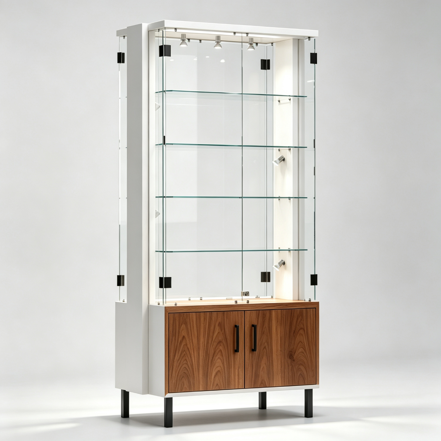 Double-sided white and walnut wood etagere showcase for optical sunglasses shop