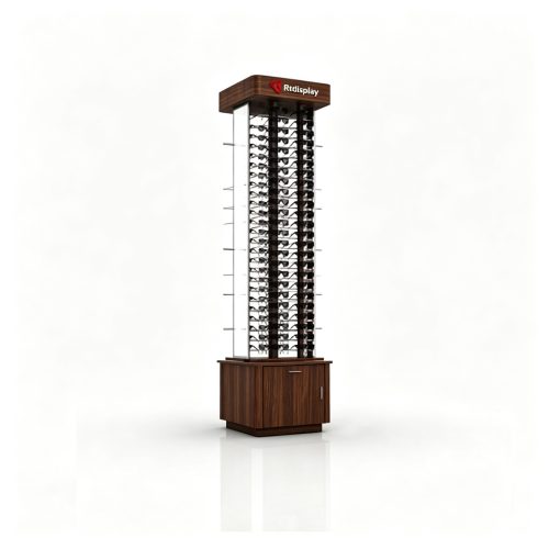 Dark walnut rotating eyewear tower front