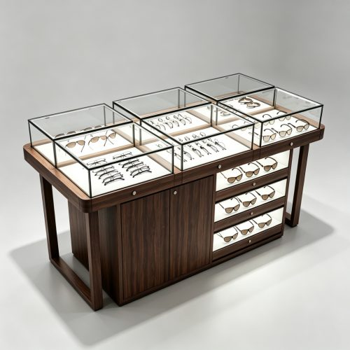 Three glass case console left side