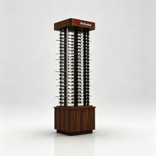 Dark walnut eyewear tower left side view