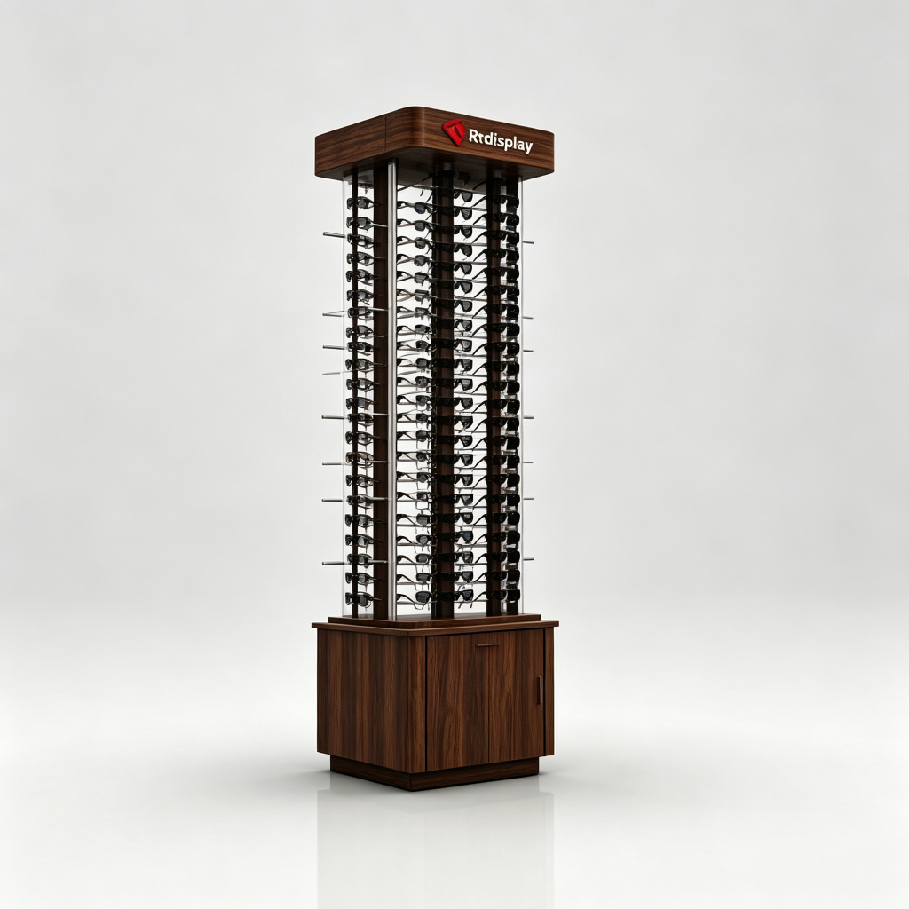 Dark walnut eyewear tower left side view