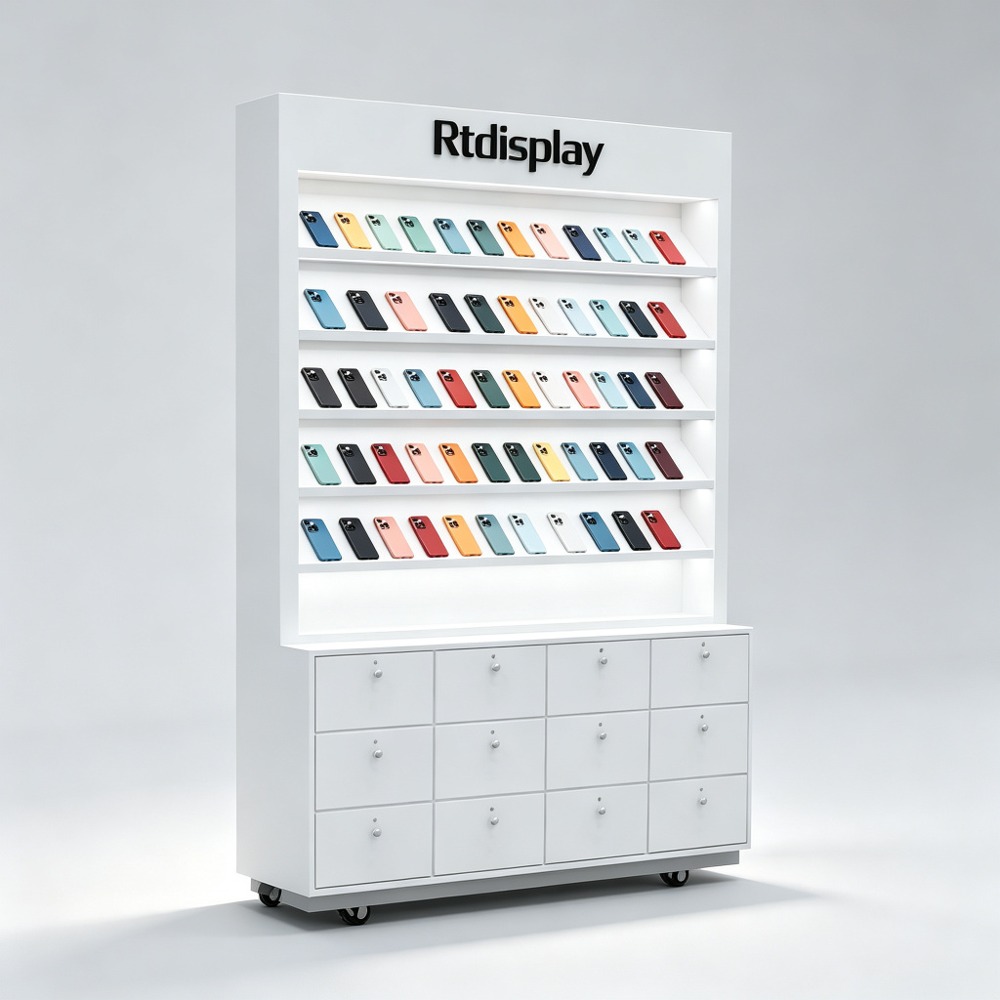 White Mobile Phone Display Cabinet with 12 Drawers and Rtdisplay Header front three-quarter view