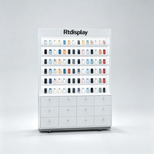 White Mobile Phone Display Cabinet with 12 Drawers and Rtdisplay Header front view
