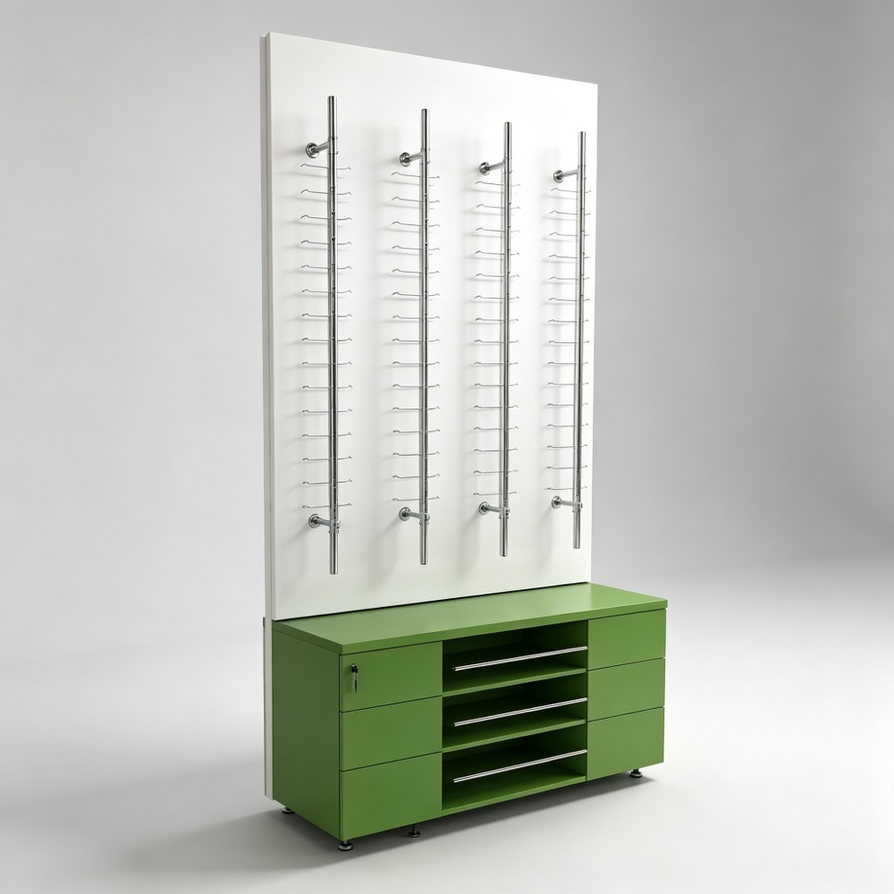 Floor-Standing Four-Column Optical Display Rod Stand with Green Drawer Cabinet side view