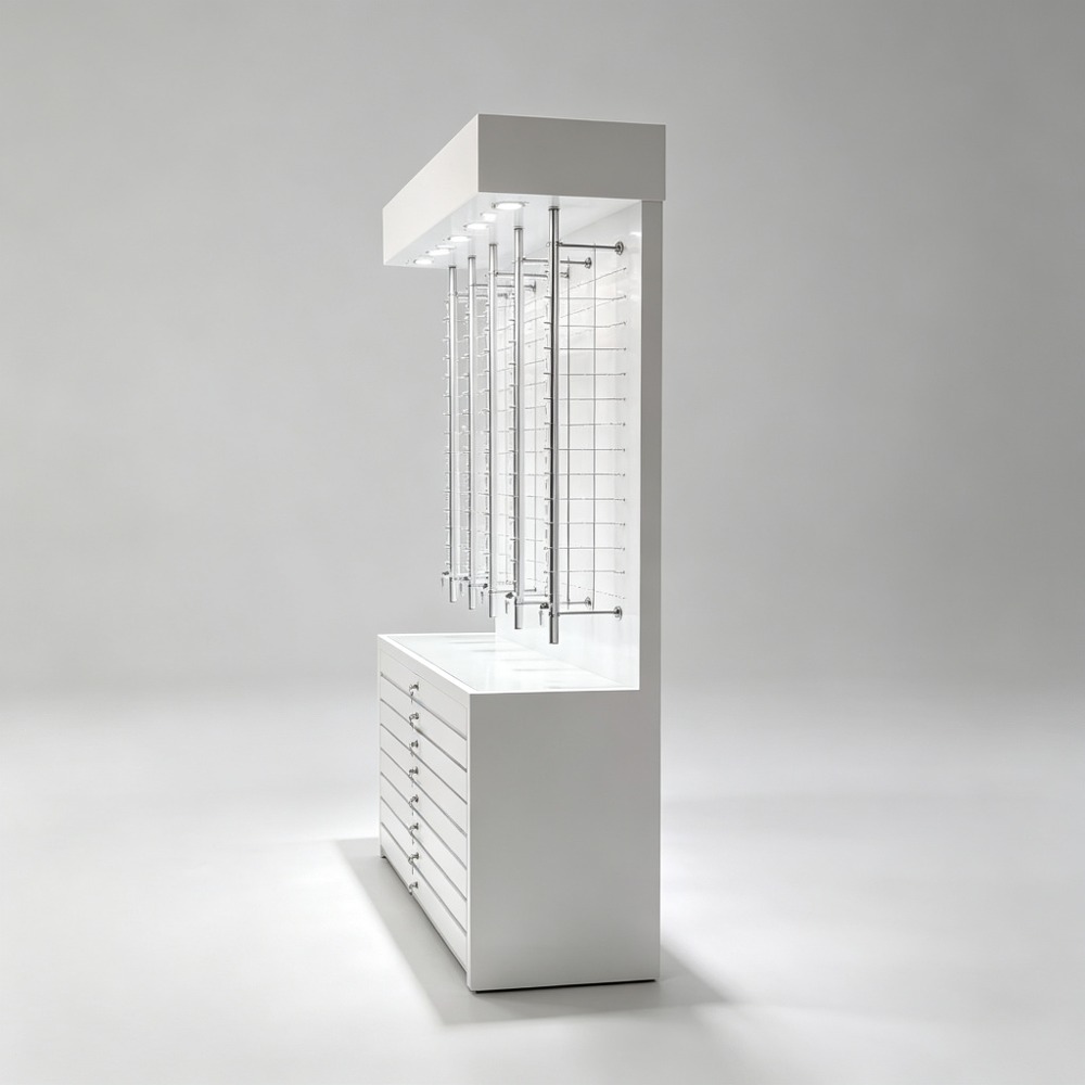 Floor-Standing Optical Display Rod Cabinet with Drawers and LED Lightbox Hood side view