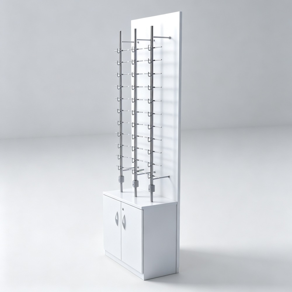 Floor-Standing Three-Column Optical Display Rod Stand with White Storage Cabinet side view