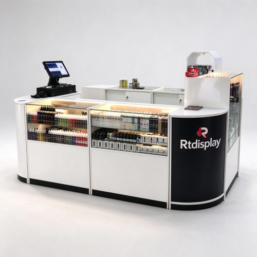White island smoking kiosk main view with glass e-liquid display