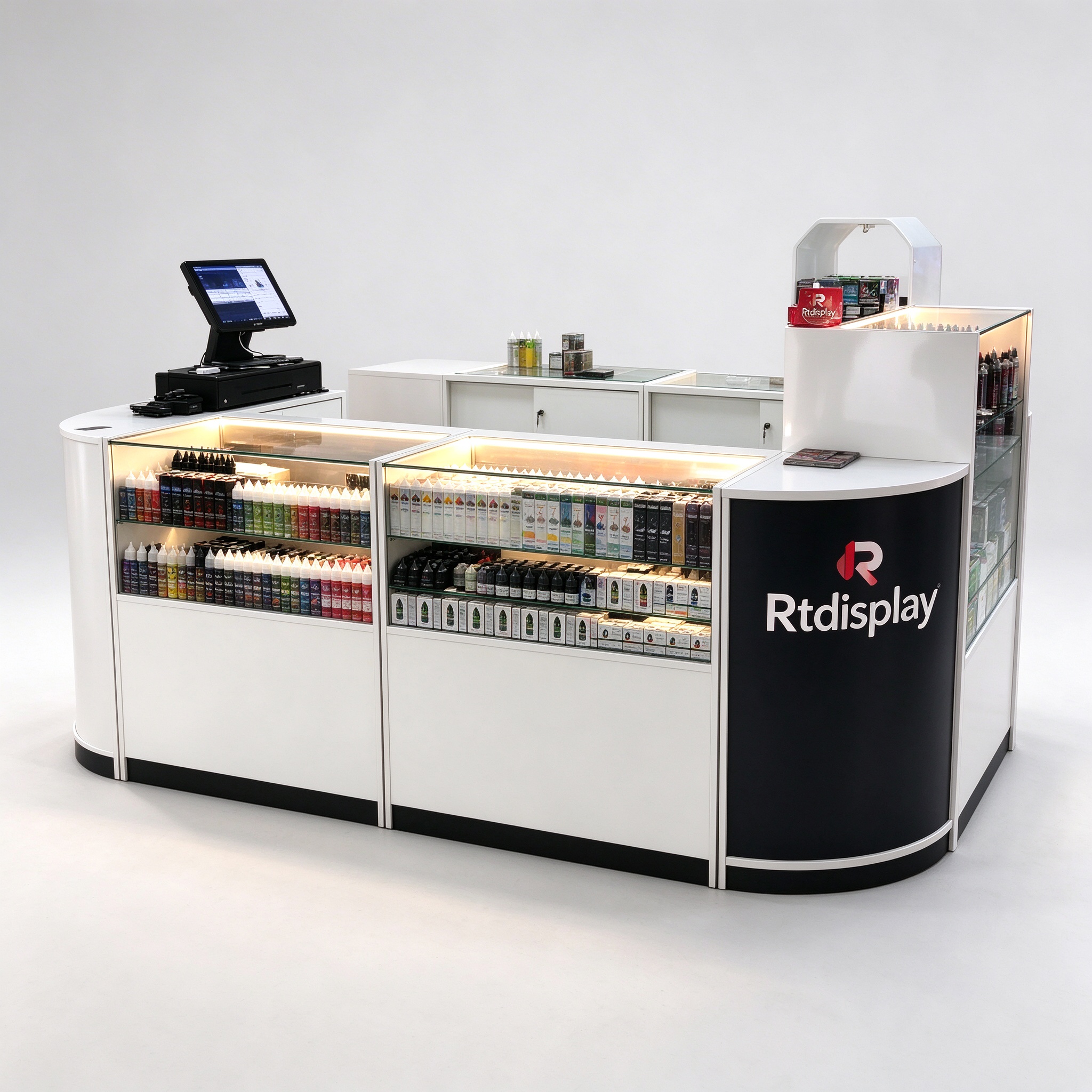 White island smoking kiosk main view with glass e-liquid display