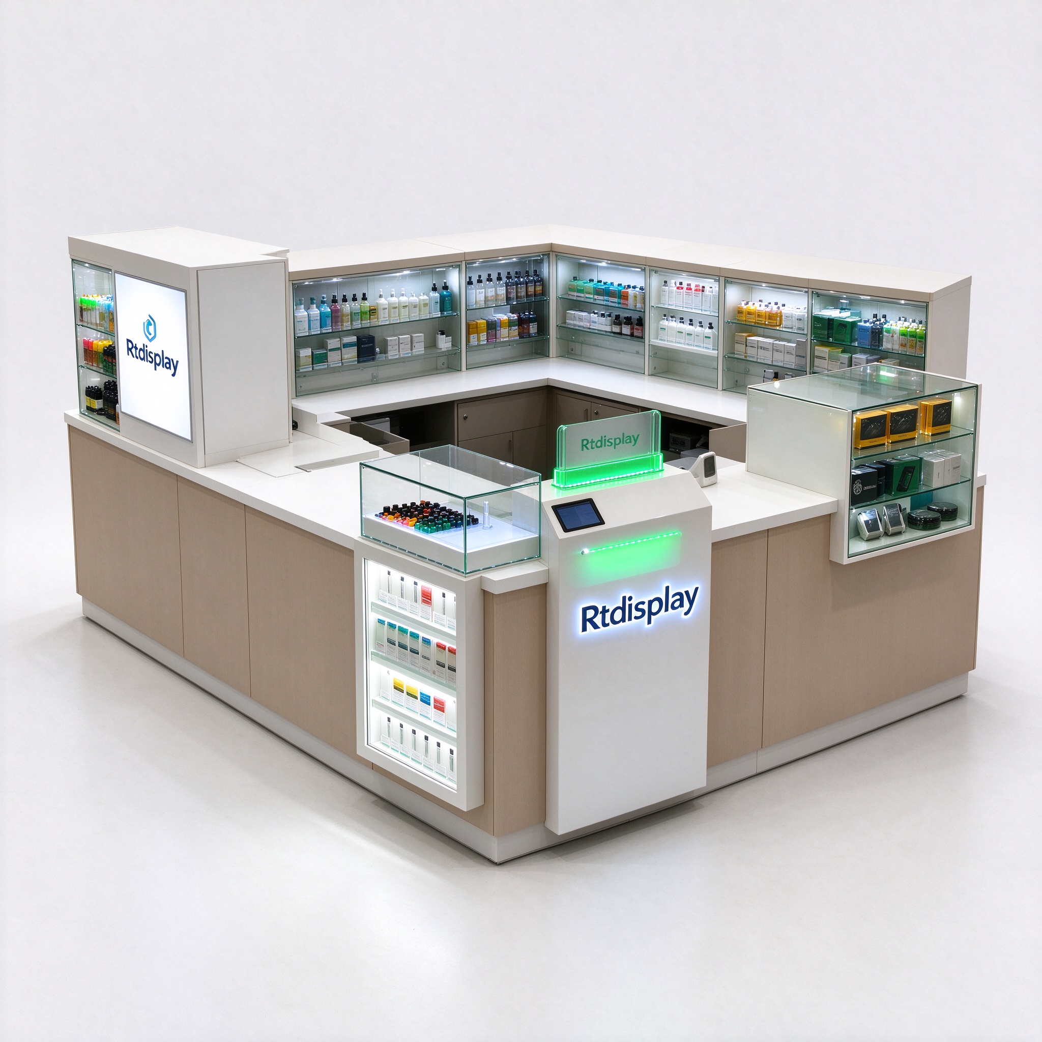 Beige and white rectangular island e-cigarette kiosk main view
