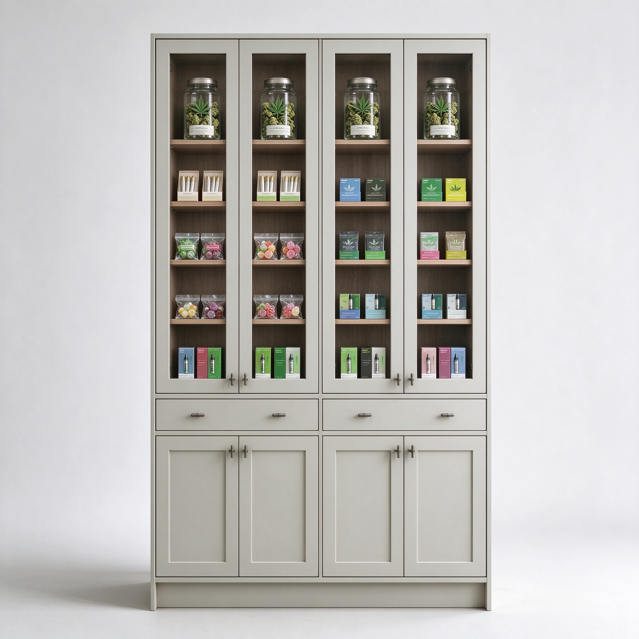 Light gray painted cannabis display cabinet front view with wood interior shelves