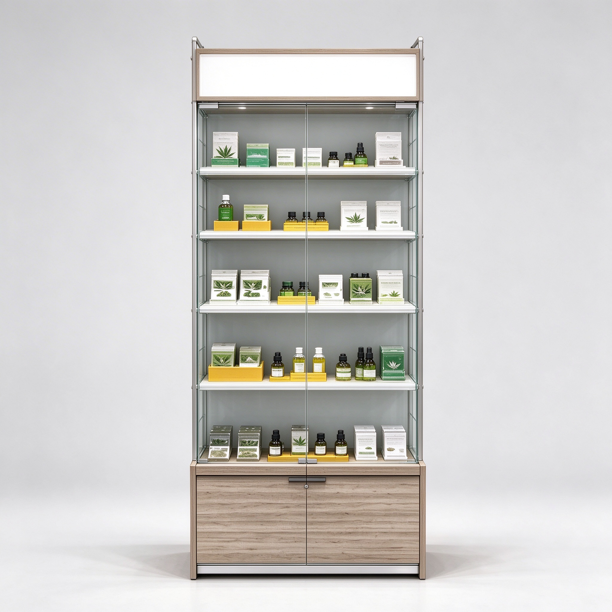 Frameless glass door cannabis display cabinet front view with white shelves