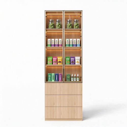 Light oak wood cannabis display cabinet straight front view