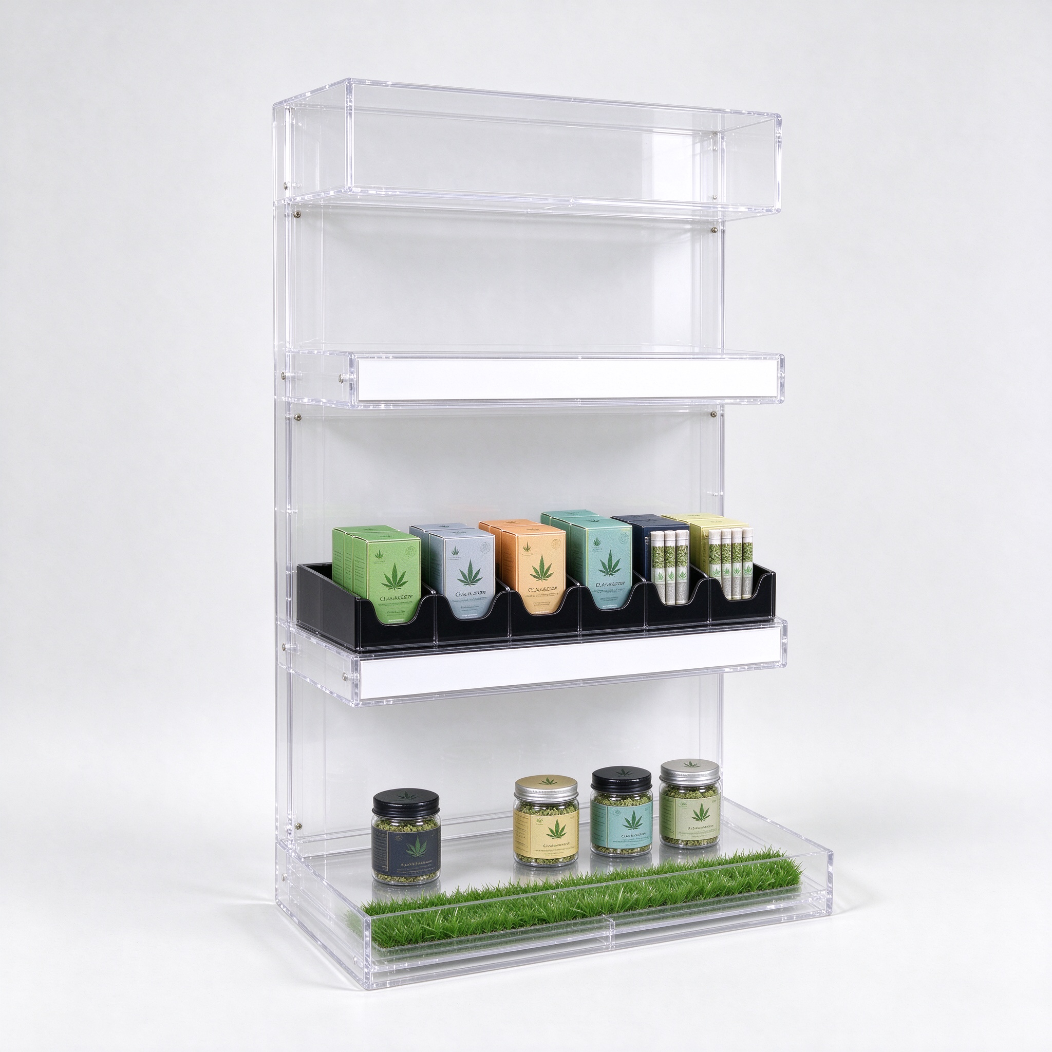 Clear acrylic wall-mounted cannabis display unit left 45 degree main view