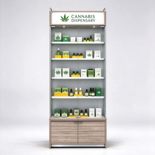 Light oak cannabis display shelving cabinet straight front view