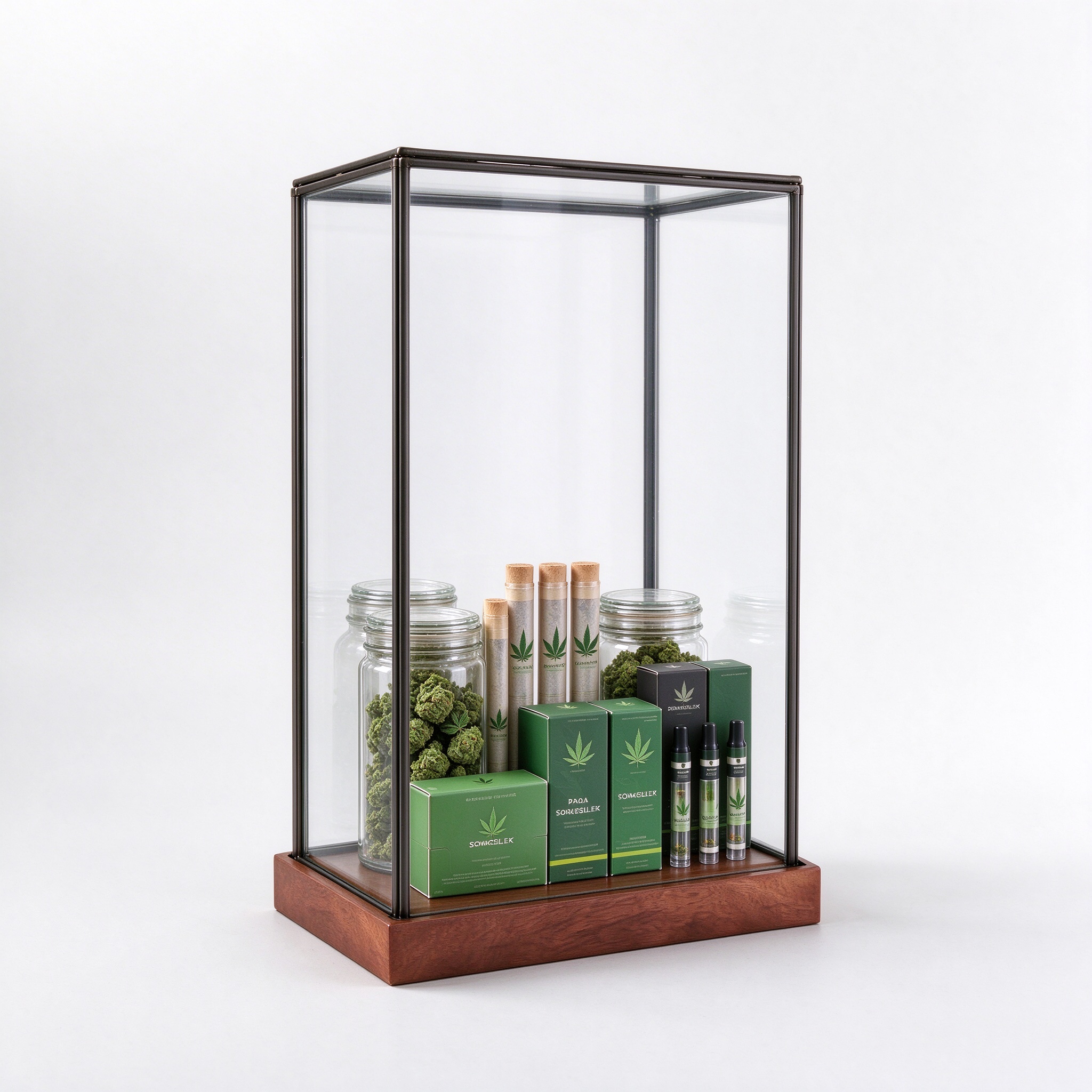 Black metal frame glass cannabis display case with wood base left 45 degree main view