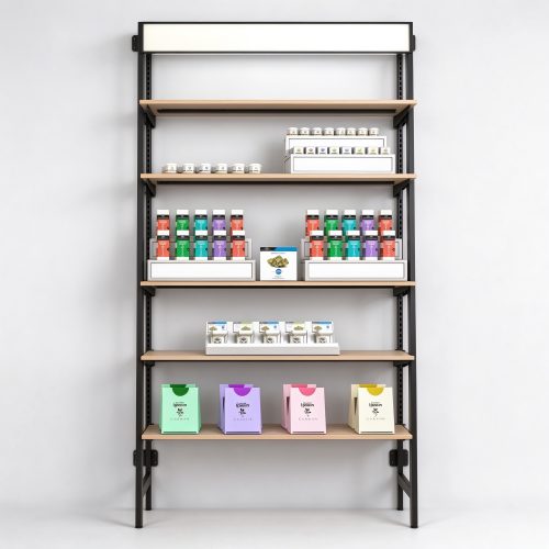 Black metal oak wood marijuana shop shelving rack straight front view