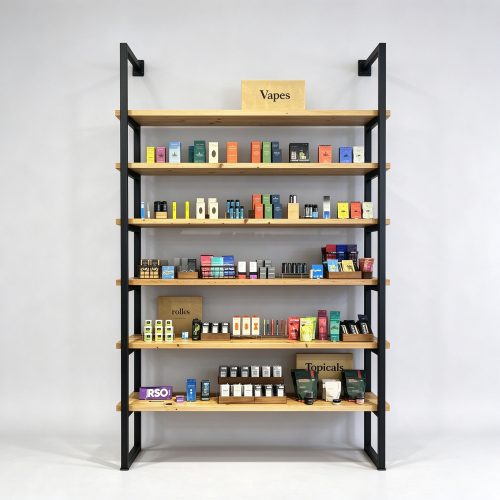 Industrial black metal wood cannabis dispensary shelving straight front view