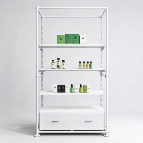 White pipe frame cannabis dispensary shelving straight front view
