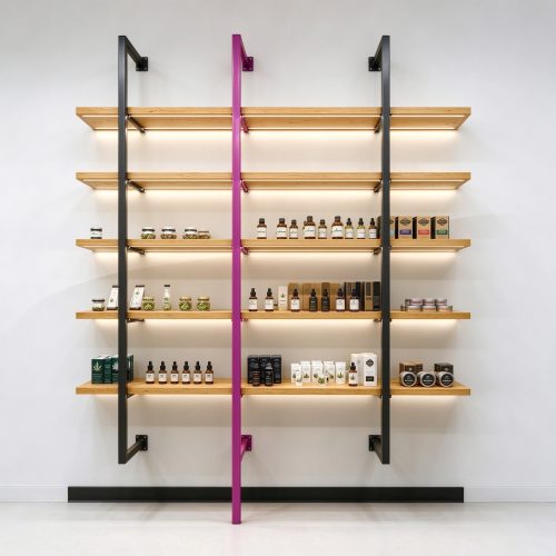 LED oak wood cannabis dispensary wall shelving straight front view