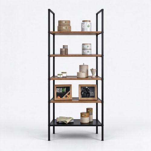 Black metal open etagere cannabis shelving straight front view