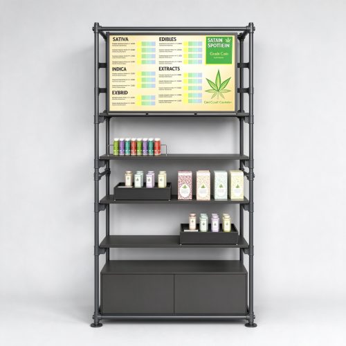 Digital menu screen cannabis dispensary shelving straight front view