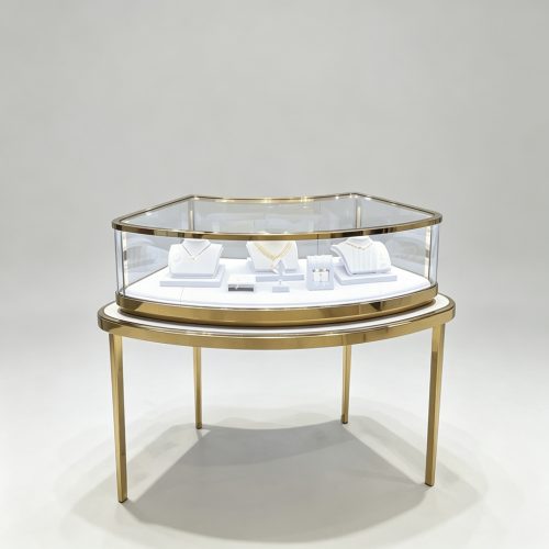 Curved gold jewelry showcase main view