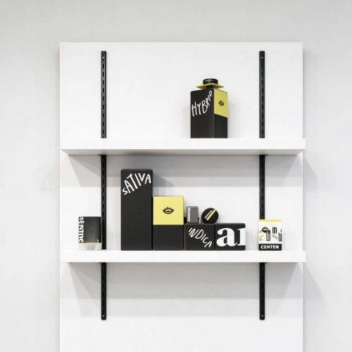 White floating wall shelf system straight front view