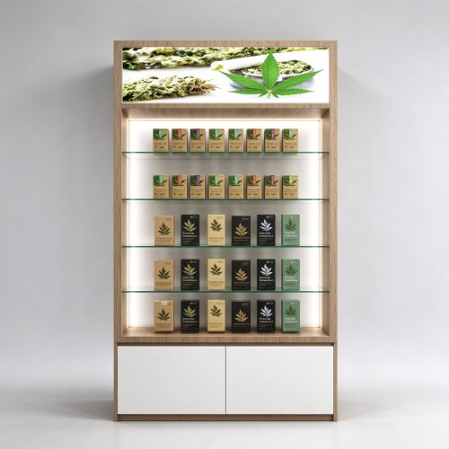 Light oak LED glass shelf cannabis wall cabinet straight front view