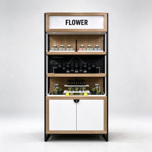 Freestanding cannabis flower display cabinet straight front view