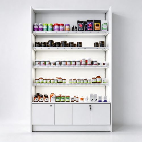 White wall-mounted cannabis dispensary shelving straight front view