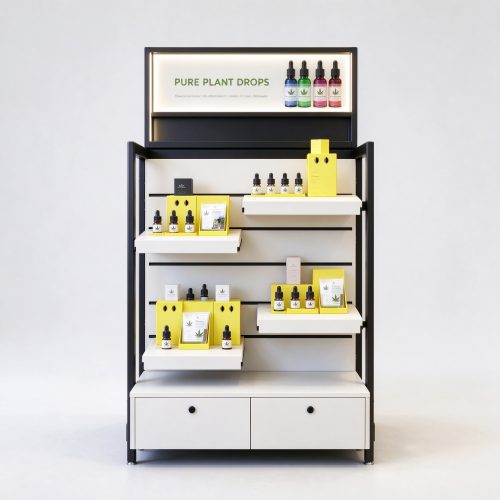 Modern black metal island display shelf straight front view