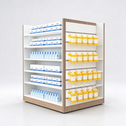 Double-sided cannabis gondola shelving straight front view