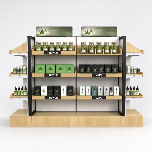 Double-sided cannabis gondola with FLOWER VAPE bins straight front view