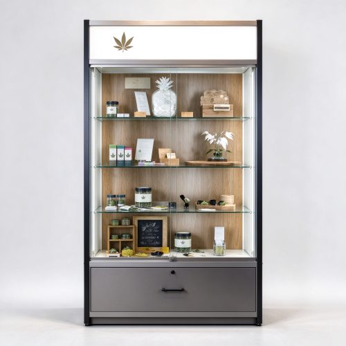 Wall-mounted glass cannabis display cabinet straight front view