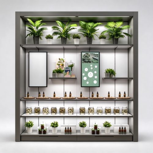 Embedded cannabis display wall unit straight front view