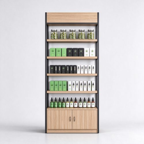 Light oak wall-mounted cannabis shelving straight front view