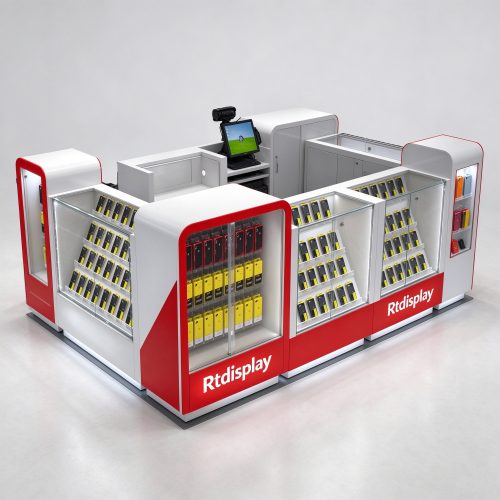 Red white phone repair kiosk main view